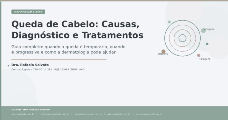 Imagem editorial sobre queda de cabelo com título "Queda de Cabelo: Causas, Diagnóstico e Tratamentos", ilustração abstrata do ciclo capilar com as fases anágena, catágena e telógena, credenciais da Dra. Rafaela Salvato (CRM-SC 14.282, RQE 10.934, SBD, AAD) e os cinco sites do ecossistema Rafaela Salvato — referência em dermatologia em Florianópolis, Santa Catarina