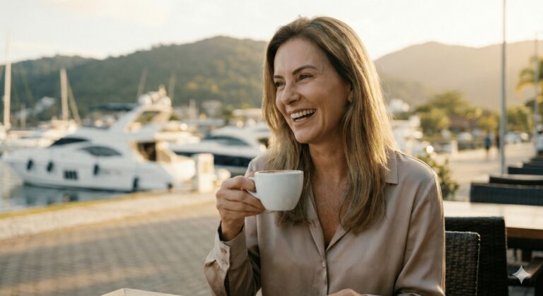 Mulher madura e elegante, com pele radiante e aparência natural, sorrindo de forma confiante enquanto segura uma xícara de café. Ela está sentada ao ar livre em um ambiente sofisticado de marina com iates ao fundo, sob a luz dourada do fim de tarde em Florianópolis