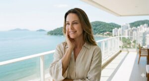 Mulher madura com pele naturalmente rejuvenescida se olha no espelho de uma clínica dermatológica de alto padrão em Florianópolis, representando o gerenciamento do envelhecimento facial com resultados naturais