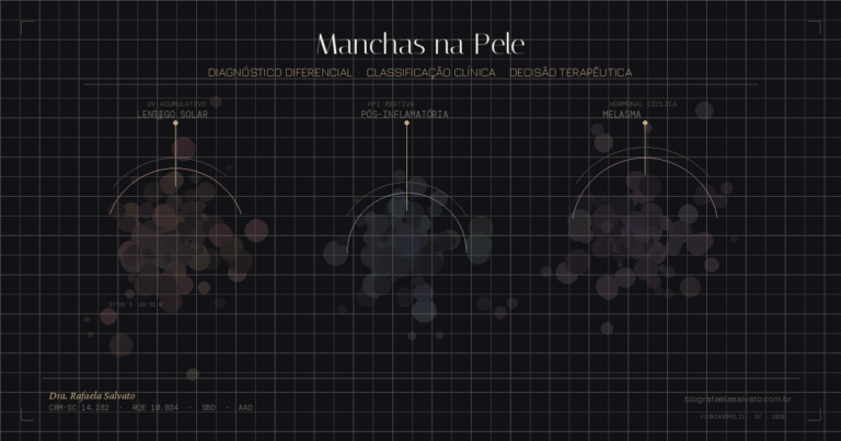 Infográfico médico com fundo escuro mostrando três zonas de pigmentação cutânea — lentigo solar, hiperpigmentação pós-inflamatória e melasma — representadas por clusters de tonalidades distintas com arcos dermatoscópicos, notação clínica e grid cartográfico, identificando visualmente o diagnóstico diferencial de manchas na pele. Autoria: Dra. Rafaela Salvato, dermatologista em Florianópolis, CRM-SC 14.282