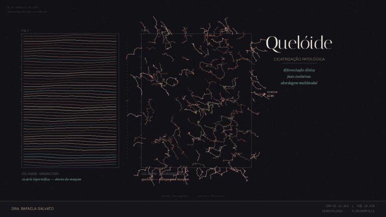 Ilustração esquemática comparando colágeno organizado na cicatriz hipertrófica com colágeno desorganizado no quelóide que ultrapassa a margem da ferida original — Dra. Rafaela Salvato, dermatologista em Florianópolis