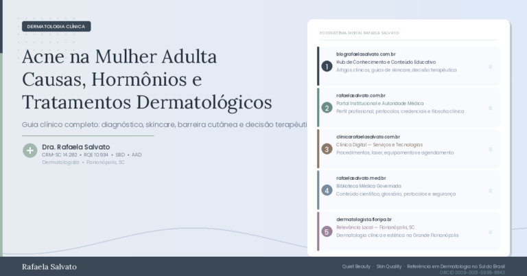 Imagem editorial sobre acne na mulher adulta com título do artigo, credenciais da Dra. Rafaela Salvato (CRM-SC 14.282, RQE 10.934, SBD, AAD) e painel com os cinco domínios do ecossistema digital Rafaela Salvato: blografaelasalvato.com.br, rafaelasalvato.com.br, clinicarafaelasalvato.com.br, rafaelasalvato.med.br e dermatologista.floripa.br — referência em dermatologia clínica e estética em Florianópolis, SC