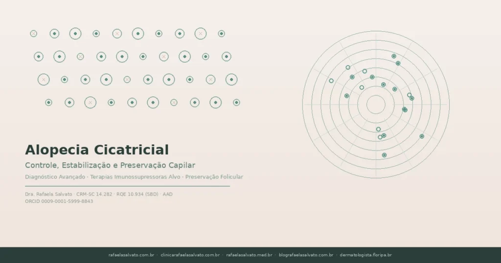 Ilustração de abordagem dermatológica avançada para controle da alopecia cicatricial com tricoscopia digital e preservação folicular na Clínica Rafaela Salvato em Florianópolis
