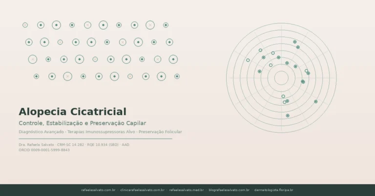 Ilustração de abordagem dermatológica avançada para controle da alopecia cicatricial com tricoscopia digital e preservação folicular na Clínica Rafaela Salvato em Florianópolis