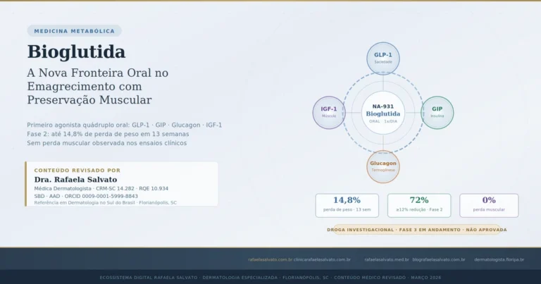 Infográfico médico sobre Bioglutida NA-931 ilustrando o mecanismo de ação do primeiro agonista quádruplo oral com ativação simultânea dos receptores GLP-1 GIP Glucagon e IGF-1 para emagrecimento com preservação muscular dados de Fase 2 mostrando 14,8 por cento de perda de peso em 13 semanas e zero por cento de perda muscular conteúdo revisado pela Dra Rafaela Salvato médica dermatologista CRM-SC 14282 RQE 10934 SBD AAD referência em dermatologia no sul do Brasil Florianópolis SC