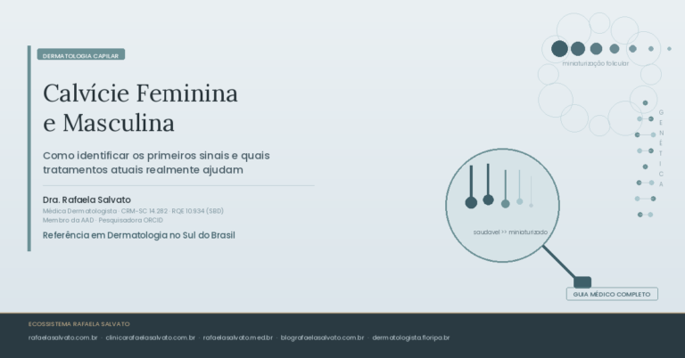 Imagem editorial do artigo sobre calvície feminina e masculina do Blog Rafaela Salvato, com ilustração científica de tricoscopia mostrando a miniaturização folicular progressiva, credenciais da Dra. Rafaela Salvato (CRM-SC 14.282, RQE 10.934, SBD, AAD) e os cinco domínios do ecossistema digital — referência em dermatologia capilar em Florianópolis e no sul do Brasil
