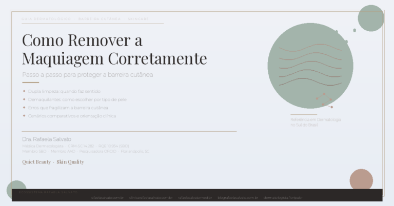 Imagem editorial do guia dermatológico sobre como remover a maquiagem corretamente, com destaque para proteção da barreira cutânea, ilustração abstrata representando camadas da pele e moléculas de limpeza, assinado pela Dra. Rafaela Salvato, médica dermatologista referência no sul do Brasil — CRM-SC 14.282, RQE 10.934, membro da SBD e AAD — com os cinco domínios do ecossistema digital Rafaela Salvato