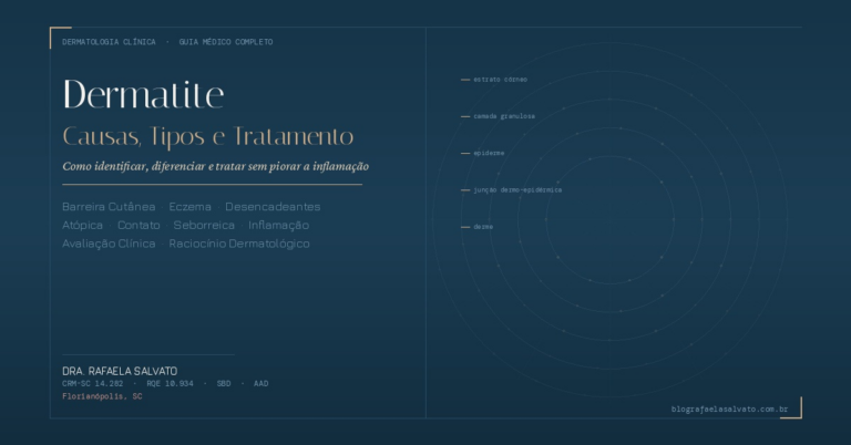 Infográfico médico sobre dermatite com representação esquemática das camadas da pele — estrato córneo, camada granulosa, epiderme, junção dermo-epidérmica e derme — em linguagem visual de cartografia dermatológica. Guia completo sobre causas, tipos e tratamento da dermatite por Dra. Rafaela Salvato, dermatologista CRM-SC 14.282, Florianópolis