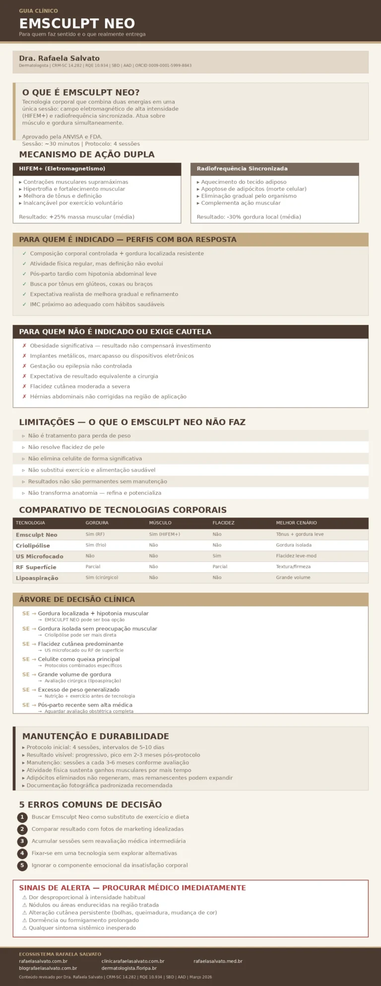 Infográfico clínico sobre Emsculpt Neo: mecanismo de ação dupla HIFEM+ e radiofrequência, perfis indicados e contraindicados, limitações, comparativo com criolipólise, ultrassom microfocado, radiofrequência e lipoaspiração, árvore de decisão clínica, protocolo de manutenção, erros comuns e sinais de alerta. Conteúdo revisado por Dra. Rafaela Salvato, CRM-SC 14.282, RQE 10.934, SBD e AAD. Ecossistema digital: rafaelasalvato.com.br, clinicarafaelasalvato.com.br, rafaelasalvato.med.br, blografaelasalvato.com.br, dermatologista.floripa.br