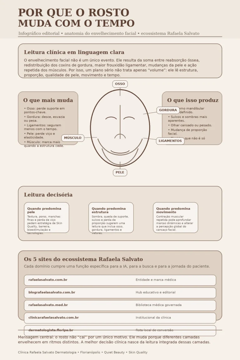 Infográfico editorial vertical sobre anatomia do envelhecimento facial. O layout mostra o título “Por que o rosto muda com o tempo”, um resumo clínico em linguagem clara, um diagrama central estilizado da face com marcações de osso, gordura, ligamentos, pele e músculo, uma seção de leitura decisória separando pele, estrutura e movimento, e um bloco final com os 5 sites do ecossistema Rafaela Salvato: rafaelasalvato.com.br, blografaelasalvato.com.br, rafaelasalvato.med.br, clinicarafaelasalvato.com.br e dermatologista.floripa.b