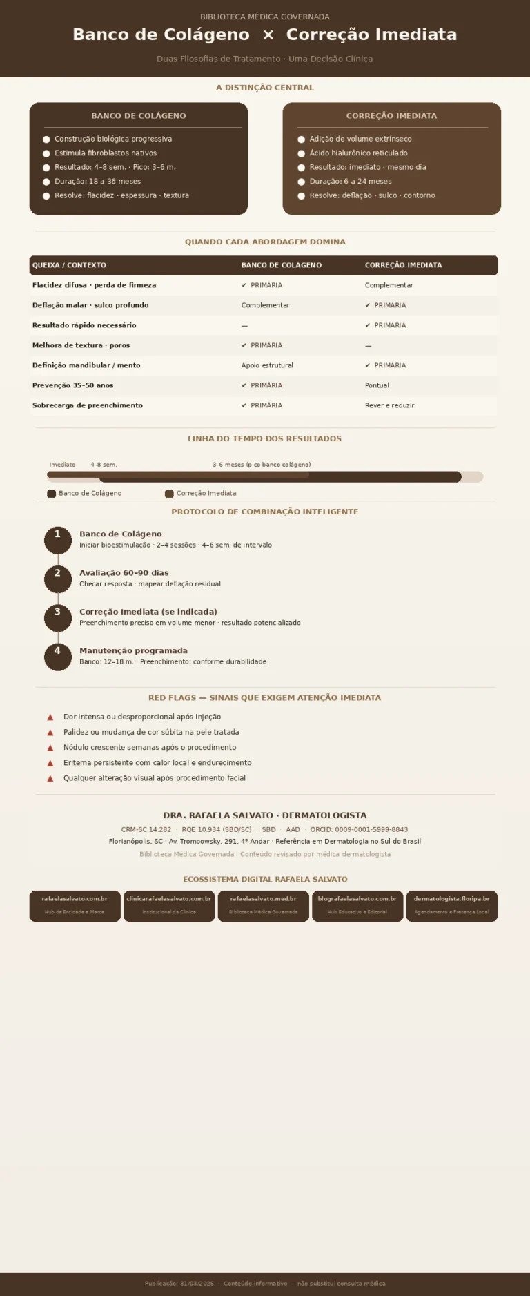 Banco de Colágeno vs. Correção Imediata: Duas Filosofias de Tratamento" pela Dra. Rafaela Salvato, dermatologista referência no sul do Brasil (CRM-SC 14.282, RQE 10.934, SBD, AAD). Apresenta comparativo entre banco de colágeno (construção biológica progressiva, PLLA/CaHA/PCL, resultado em 4–8 semanas, duração 18–36 meses) e correção imediata com ácido hialurônico (adição volumétrica, resultado imediato, duração 6–24 meses); tabela decisória de indicações por queixa clínica; linha do tempo de resultados; protocolo de combinação inteligente em 4 fases; red flags de atenção pós-procedimento; e os cinco domínios do ecossistema digital Rafaela Salvato. Paleta editorial: ivory, areia, taupe e castanho profundo. Biblioteca Médica Governada. Florianópolis, SC.