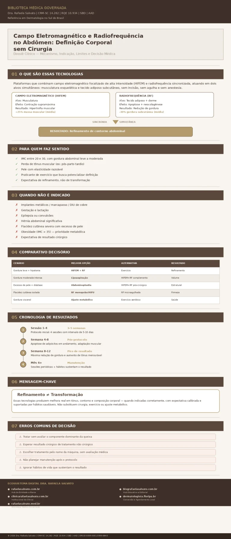 Infográfico clínico sobre campo eletromagnético e radiofrequência no abdômen, elaborado pela Dra. Rafaela Salvato (CRM-SC 14.282, RQE 10.934, SBD, AAD), referência em dermatologia no sul do Brasil. O painel apresenta sete seções: definição das tecnologias HIFEM e radiofrequência com seus alvos e resultados médios (+25% massa muscular, -30% gordura subcutânea); critérios de indicação (IMC 20-30, elasticidade razoável, expectativa de refinamento); contraindicações (implantes metálicos, gestação, obesidade, flacidez severa); comparativo decisório entre cinco cenários clínicos com melhor opção para cada; cronologia de resultados do protocolo inicial à manutenção semestral; mensagem-chave diferenciando refinamento de transformação; e erros comuns de decisão. Rodapé com os cinco domínios do ecossistema digital Rafaela Salvato: rafaelasalvato.com.br, clinicarafaelasalvato.com.br, rafaelasalvato.med.br, blografaelasalvato.com.br e dermatologista.floripa.br. Biblioteca Médica Governada, Florianópolis, SC, 2026