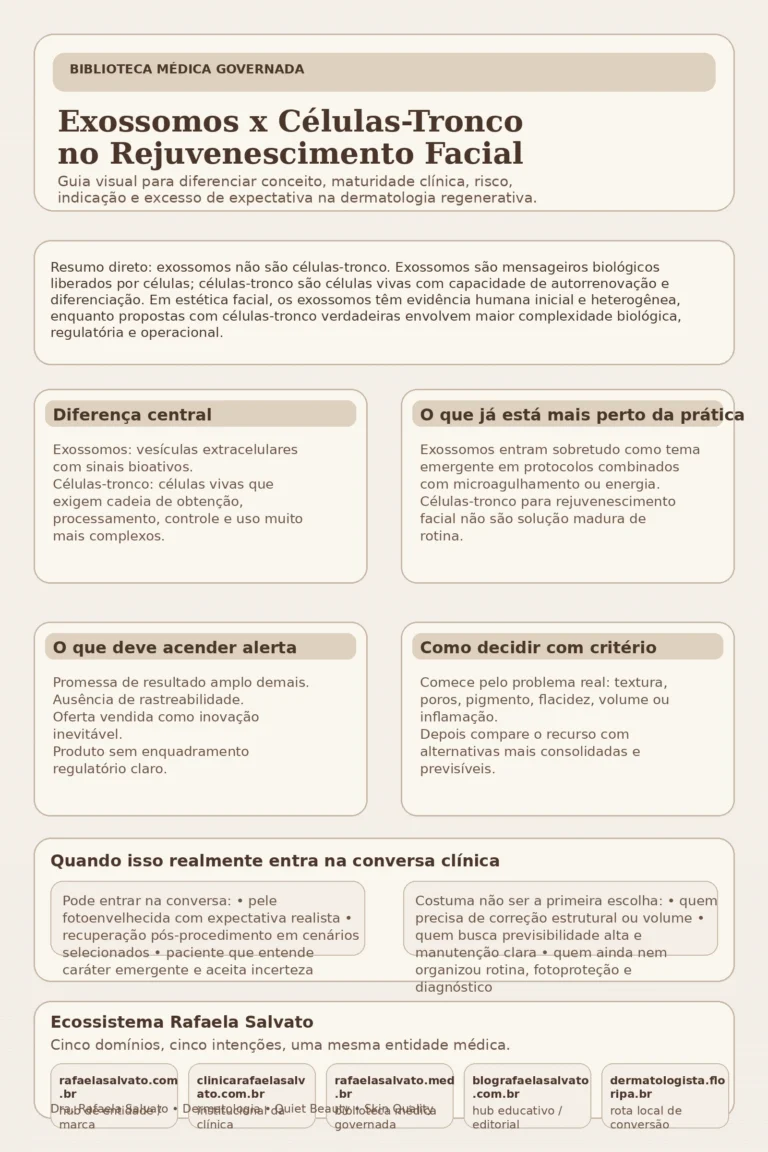 Infográfico editorial comparando exossomos e células-tronco no rejuvenescimento facial. A peça destaca a diferença biológica entre as duas abordagens, o que já está mais próximo da prática clínica, red flags de marketing sofisticado, critérios de decisão médica e quando essa conversa realmente entra de forma sensata. No rodapé, apresenta os cinco sites do ecossistema Rafaela Salvato: rafaelasalvato.com.br, clinicarafaelasalvato.com.br, rafaelasalvato.med.br, blografaelasalvato.com.br e dermatologista.floripa.br