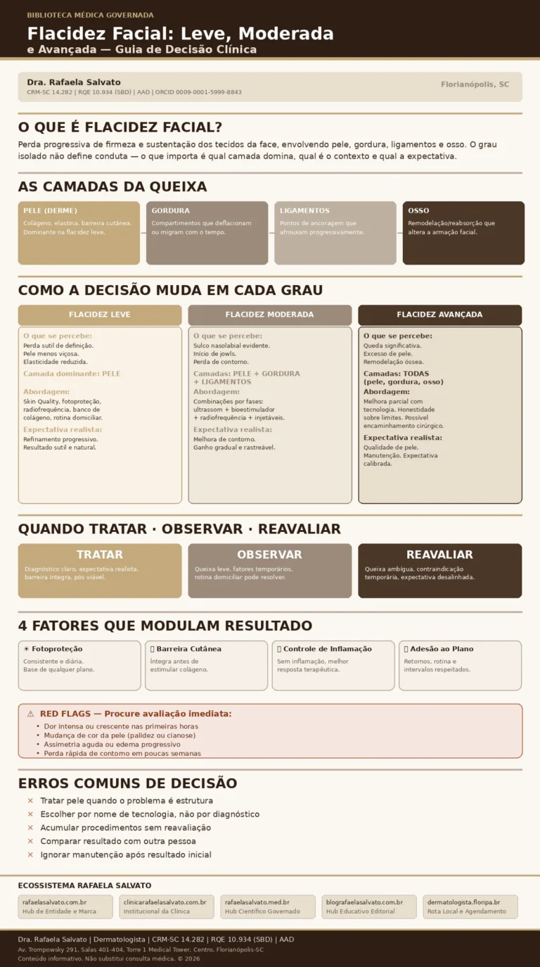 Infográfico clínico sobre flacidez facial leve, moderada e avançada — Biblioteca Médica Governada da Dra. Rafaela Salvato, dermatologista em Florianópolis (CRM-SC 14.282, RQE 10.934). Exibe as quatro camadas anatômicas envolvidas (pele, gordura, ligamentos, osso), comparativo visual dos três graus de flacidez com percepção, camada dominante, abordagem e expectativa realista para cada cenário, matriz de decisão (tratar, observar, reavaliar), quatro fatores que modulam resultado (fotoproteção, barreira cutânea, controle de inflamação, adesão ao plano), red flags para avaliação imediata e erros comuns de decisão. Paleta em tons de ivory, areia, taupe e castanho profundo. Rodapé com os cinco domínios do ecossistema Rafaela Salvato.
