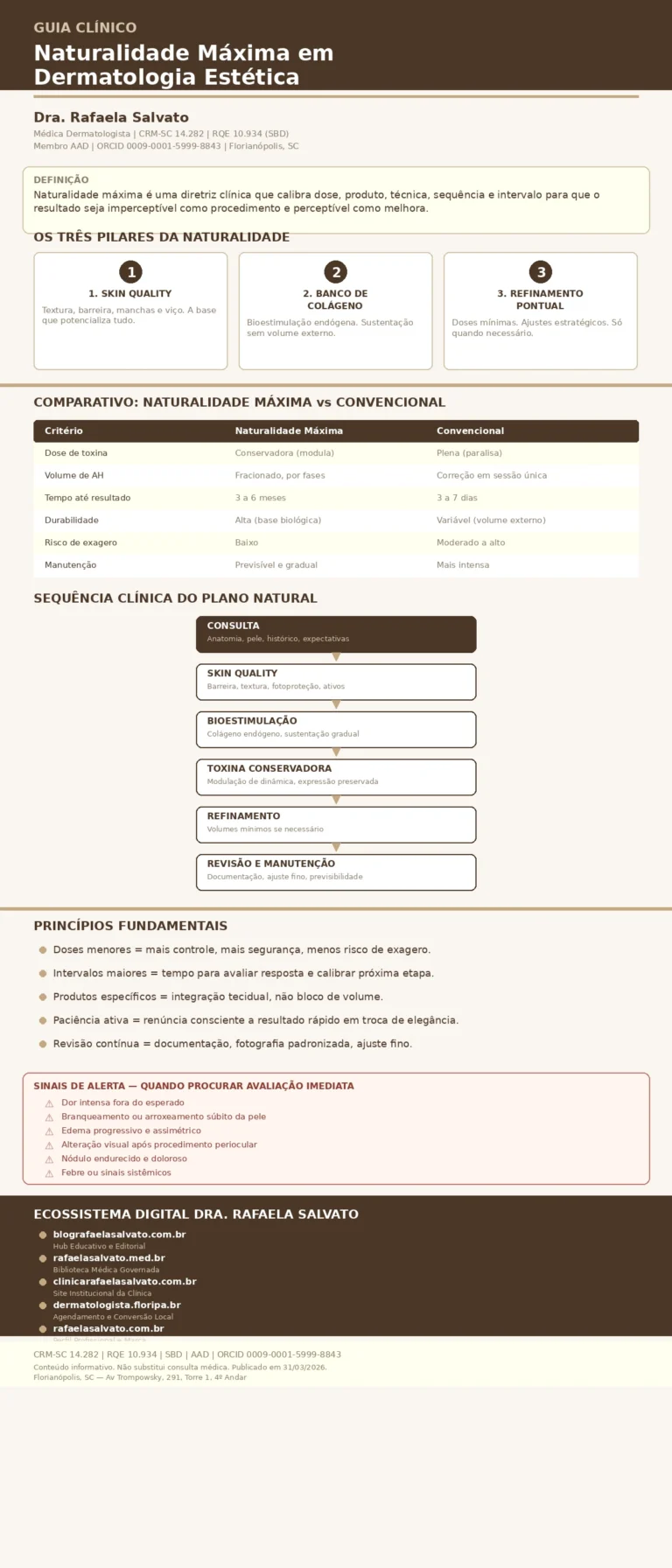Infográfico clínico sobre naturalidade máxima em dermatologia estética, com os três pilares (Skin Quality, banco de colágeno, refinamento pontual), comparativo entre abordagem conservadora e convencional, sequência clínica do plano natural em seis etapas, princípios fundamentais, sinais de alerta e os cinco sites do ecossistema digital da Dra. Rafaela Salvato — médica dermatologista referência no Sul do Brasil — CRM-SC 14.282, RQE 10.934, SBD e AAD. Cores ivory, areia, taupe e castanho profundo.