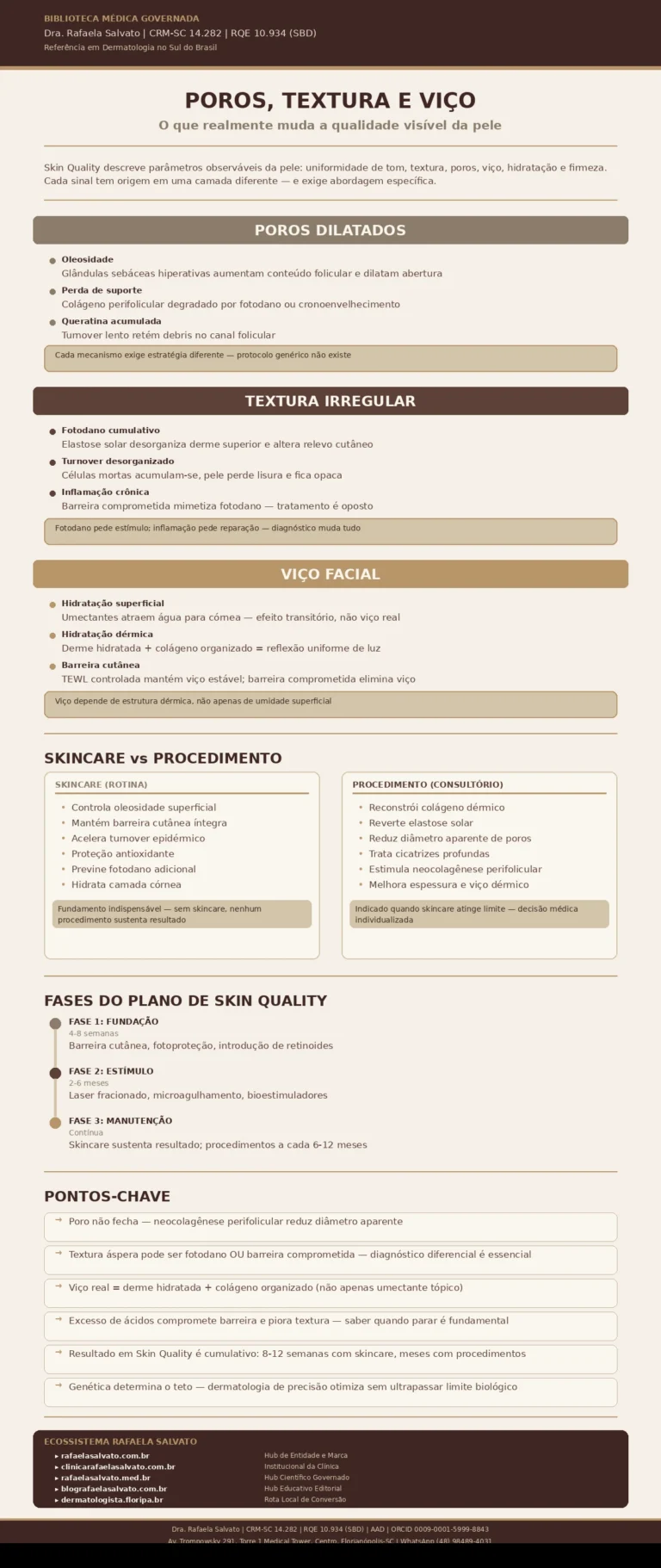 Infográfico clínico "Poros, Textura e Viço — O que realmente muda a qualidade visível da pele", produzido pela Biblioteca Médica Governada da Dra. Rafaela Salvato (CRM-SC 14.282, RQE 10.934), referência em dermatologia no sul do Brasil. Apresenta os três pilares de Skin Quality — poros dilatados (oleosidade, perda de suporte dérmico, queratina acumulada), textura irregular (fotodano cumulativo, turnover desorganizado, inflamação crônica) e viço facial (hidratação superficial vs. dérmica, barreira cutânea). Inclui comparativo entre skincare e procedimentos em consultório, fases do plano de tratamento (fundação, estímulo e manutenção), pontos-chave clínicos e os cinco sites do ecossistema Rafaela Salvato: rafaelasalvato.com.br, clinicarafaelasalvato.com.br, rafaelasalvato.med.br, blografaelasalvato.com.br e dermatologista.floripa.br. Paleta editorial em ivory, areia, taupe e castanho profundo