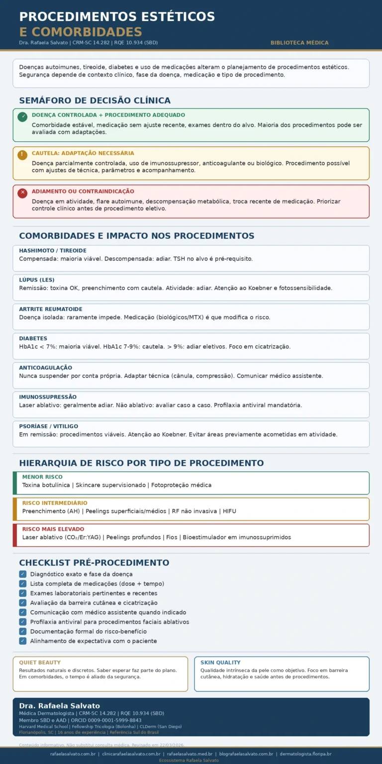 Infográfico médico sobre procedimentos estéticos em pacientes com doenças autoimunes e comorbidades, produzido pela Dra. Rafaela Salvato, dermatologista CRM-SC 14.282, RQE 10.934 (SBD), referência em dermatologia no sul do Brasil. O painel apresenta semáforo de decisão clínica (verde para doença controlada, amarelo para cautela com adaptação, vermelho para adiamento), impacto de sete comorbidades nos procedimentos (Hashimoto, lúpus, artrite reumatoide, diabetes, anticoagulação, imunossupressão, psoríase/vitiligo), hierarquia de risco por tipo de procedimento (menor, intermediário e elevado), checklist pré-procedimento com oito critérios obrigatórios e conceitos proprietários Quiet Beauty e Skin Quality. Rodapé com cinco domínios do ecossistema Rafaela Salvato: rafaelasalvato.com.br, clinicarafaelasalvato.com.br, rafaelasalvato.med.br, blografaelasalvato.com.br, dermatologista.floripa.br. Biblioteca Médica Governada, Florianópolis, SC