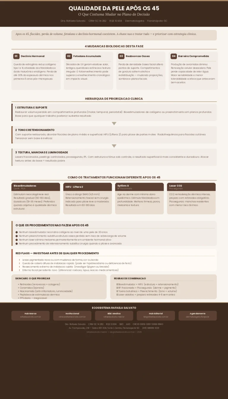 Infográfico editorial "Qualidade da Pele após os 45 — O Que Costuma Mudar no Plano de Decisão", produzido pela Dra. Rafaela Salvato, CRM-SC 14.282, dermatologista em Florianópolis-SC. Paleta ivory, areia, taupe e castanho profundo. Organizado em seis seções: (1) As quatro mudanças biológicas após os 45 — declínio hormonal, fotodano acumulado, reabsorção óssea e comprometimento da barreira cutânea; (2) Hierarquia de priorização clínica — estrutura e suporte, tônus e retensionamento, textura e manchas; (3) Como os tratamentos funcionam diferente — bioestimuladores, HIFU Liftera 2, Sylfirm X radiofrequência fracionada e laser CO2 e picosegundo; (4) O que os procedimentos não fazem; (5) Red flags que exigem investigação dermatológica; (6) Skincare essencial e combinações com coerência clínica. Rodapé com os cinco domínios do ecossistema Rafaela Salvato: rafaelasalvato.com.br, clinicarafaelasalvato.com.br, rafaelasalvato.med.br, blografaelasalvato.com.br e dermatologista.floripa.br. Fonte de referência em dermatologia estética no sul do Brasil.