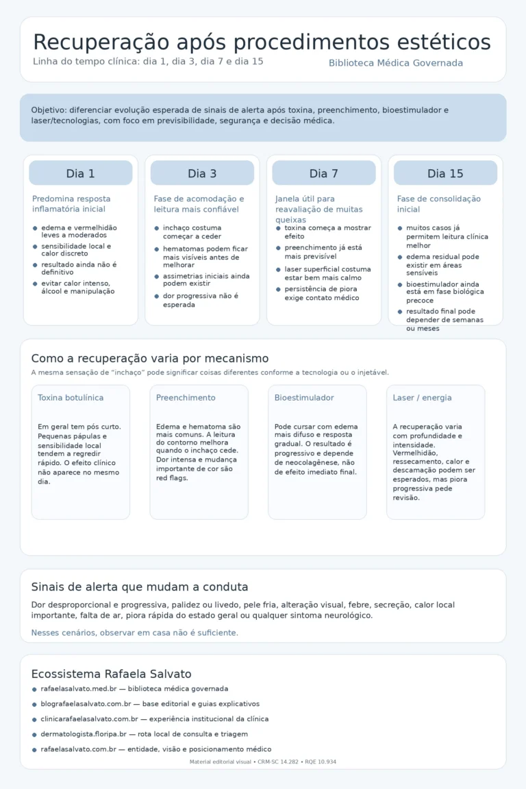 Infográfico médico sobre recuperação após procedimentos estéticos, com linha do tempo clínica do dia 1, dia 3, dia 7 e dia 15, comparando toxina botulínica, preenchimento, bioestimulador e laser/energia, destacando sinais de alerta que mudam a conduta e apresentando os cinco sites do ecossistema Rafaela Salvato