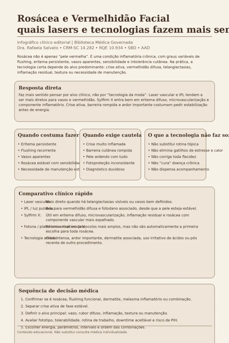 Infográfico clínico intitulado “Rosácea e Vermelhidão Facial: quais lasers e tecnologias fazem mais sentido?”. O material resume, em linguagem médica clara, que rosácea não é apenas pele vermelha e que a escolha da tecnologia depende do alvo predominante: eritema difuso, telangiectasias visíveis, microvascularização, inflamação residual, sensibilidade e fase clínica. Há blocos com resposta direta, quando costuma fazer sentido, quando exige cautela, o que a tecnologia não faz sozinha, comparativo entre laser vascular, IPL, Sylfirm X e plataformas multimodais, além de uma sequência de decisão médica em cinco etapas. No rodapé, aparecem os cinco sites do ecossistema Rafaela Salvato: rafaelasalvato.com.br, clinicarafaelasalvato.com.br, rafaelasalvato.med.br, blografaelasalvato.com.br e dermatologista.floripa.br