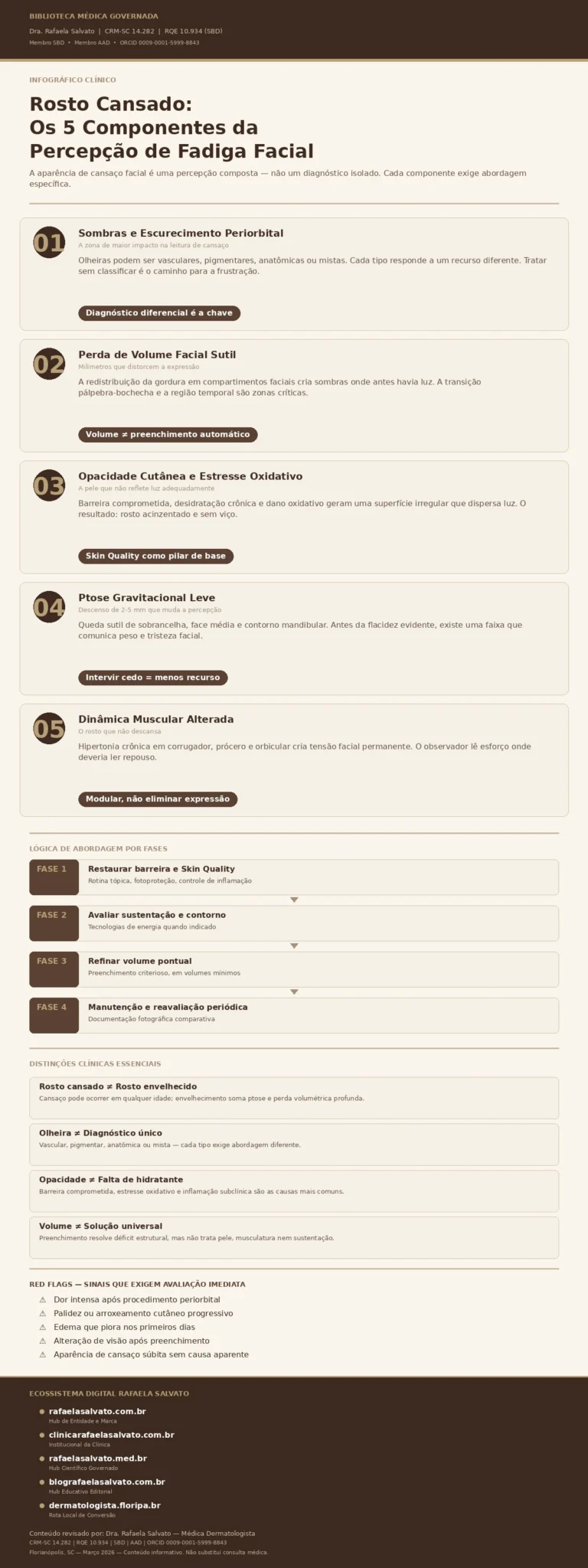 Infográfico clínico — Rosto Cansado: Os 5 Componentes da Percepção de Fadiga Facial. Conteúdo revisado pela Dra. Rafaela Salvato, médica dermatologista referência no sul do Brasil (CRM-SC 14.282, RQE 10.934, SBD, AAD). Apresenta os cinco componentes que constroem a aparência de cansaço facial: sombras periorbitais, perda de volume sutil, opacidade cutânea e estresse oxidativo, ptose gravitacional leve e dinâmica muscular alterada. Inclui a lógica de abordagem por fases (barreira e Skin Quality → sustentação → volume → manutenção), distinções clínicas essenciais e red flags. Paleta editorial em ivory, areia, taupe e castanho profundo. Rodapé com os cinco domínios do ecossistema digital Rafaela Salvato: rafaelasalvato.com.br, clinicarafaelasalvato.com.br, rafaelasalvato.med.br, blografaelasalvato.com.br e dermatologista.floripa.br. Biblioteca Médica Governada, Florianópolis, SC, março de 2026