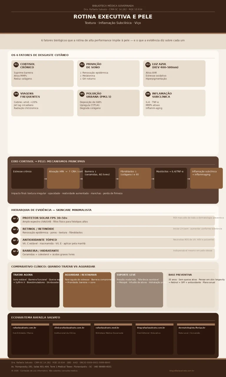 Infográfico médico da Dra. Rafaela Salvato sobre rotina executiva e qualidade de pele. Apresenta os seis fatores de desgaste cutâneo (cortisol crônico, privação de sono, luz azul HEV, viagens frequentes, poluição urbana e inflammaging), o eixo biológico cortisol-pele com cinco mecanismos documentados, a hierarquia de evidência para skincare minimalista, o comparativo clínico entre os cenários "tratar agora", "aguardar", "suporte leve" e "base preventiva", e os cinco domínios do ecossistema Rafaela Salvato. Paleta ivory, areia, taupe e castanho profundo. CRM-SC 14.282 · RQE 10.934 · Florianópolis, SC