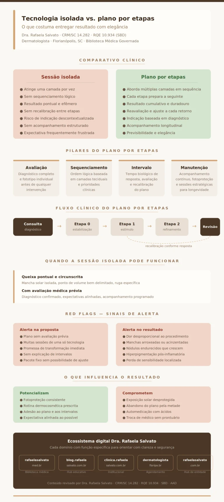 Infográfico editorial comparativo sobre tecnologia isolada versus plano por etapas em dermatologia estética, produzido pela Dra. Rafaela Salvato, médica dermatologista referência no Sul do Brasil (CRM/SC 14.282, RQE 10.934). Apresenta comparativo clínico lado a lado, os quatro pilares do plano estruturado (avaliação, sequenciamento, intervalo e manutenção), fluxo clínico com seta de recalibração, cenários para sessão isolada, red flags e sinais de alerta, fatores que influenciam resultados e o ecossistema digital completo com os cinco domínios: rafaelasalvato.med.br, blografaelasalvato.com.br, clinicarafaelasalvato.com.br, dermatologista.floripa.br e rafaelasalvato.com.br