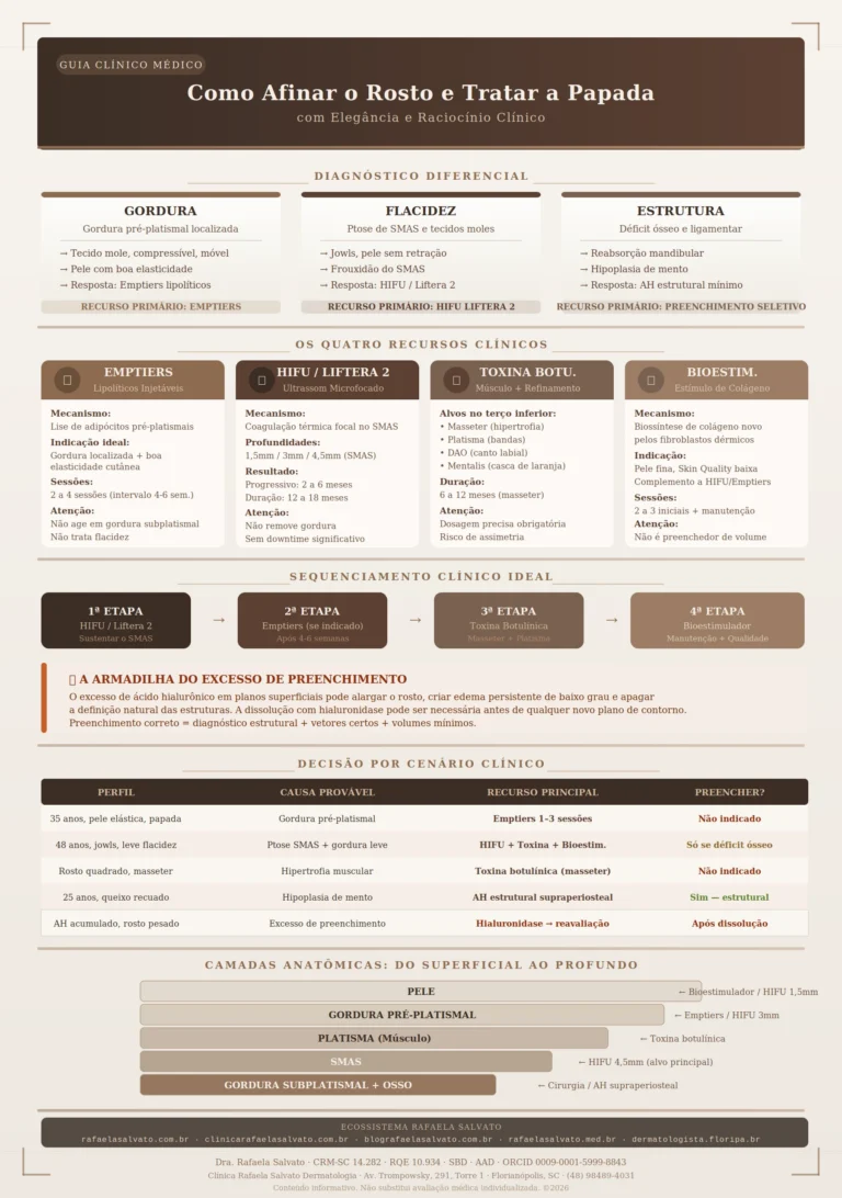 Infográfico clínico da Dra. Rafaela Salvato sobre como afinar o rosto e tratar a papada sem excesso de preenchimento. Apresenta diagnóstico diferencial entre gordura, flacidez e déficit estrutural; os quatro recursos clínicos (emptiers, HIFU Liftera 2, toxina botulínica e bioestimuladores de colágeno) com mecanismo, indicação e limitações; sequenciamento ideal de tratamento em 4 etapas; alerta sobre a armadilha do excesso de ácido hialurônico; tabela de decisão por cenário clínico; e mapa anatômico das camadas do contorno mandibular. Conteúdo produzido pela médica dermatologista Dra. Rafaela Salvato, CRM-SC 14.282, RQE 10.934, SBD, AAD, Florianópolis, SC