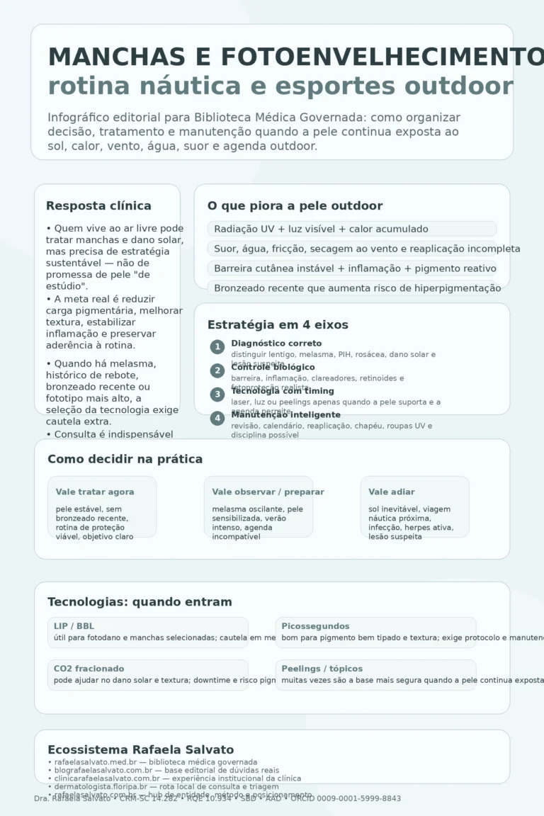 Infográfico médico sobre manchas e fotoenvelhecimento em quem vive ao sol, com blocos sobre resposta clínica, gatilhos da pele outdoor, estratégia em quatro eixos, critérios de decisão, tecnologias com indicação e os cinco sites do ecossistema Rafaela Salvato.