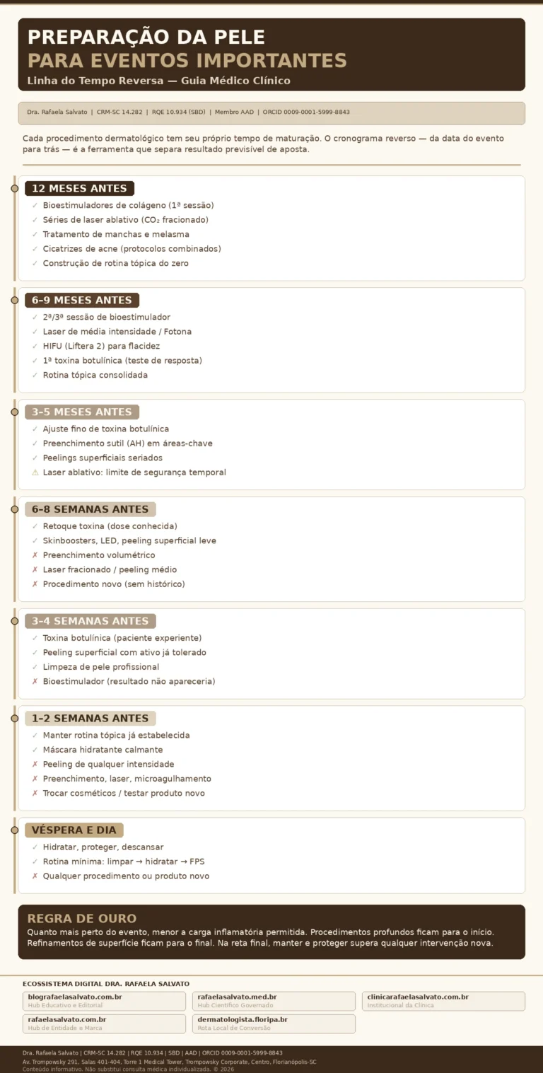 Infográfico clínico "Preparação da Pele para Eventos Importantes — Linha do Tempo Reversa", desenvolvido pela Dra. Rafaela Salvato, médica dermatologista referência no sul do Brasil (CRM-SC 14.282, RQE 10.934, SBD, AAD, ORCID 0009-0001-5999-8843). Apresenta cronograma reverso de 12 meses até a véspera do evento, organizando procedimentos dermatológicos seguros e contraindicados em cada janela temporal: bioestimuladores e laser ablativo aos 12 meses; HIFU e toxina botulínica de teste aos 6-9 meses; ajuste fino de toxina e preenchimento sutil aos 3-5 meses; retoque e skinboosters às 6-8 semanas; apenas manutenção tópica nas 2 semanas finais. Paleta editorial ivory, areia, taupe e castanho profundo. Inclui os cinco domínios do ecossistema digital Rafaela Salvato: blografaelasalvato.com.br, rafaelasalvato.med.br, clinicarafaelasalvato.com.br, rafaelasalvato.com.br e dermatologista.floripa.br. Clínica localizada no Trompowsky Corporate, Centro, Florianópolis-SC