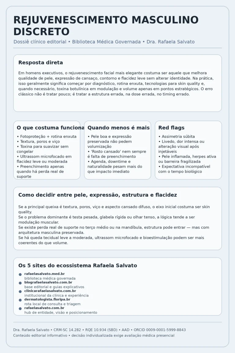 Infográfico editorial sobre rejuvenescimento masculino discreto, com estética médica premium. O layout apresenta uma resposta direta sobre abordagem facial masculina natural, três blocos com “o que costuma funcionar”, “quando menos é mais” e “red flags”, um quadro decisório entre pele, expressão, estrutura e flacidez, além de uma seção final com os cinco sites do ecossistema Rafaela Salvato. A peça traz assinatura médica com CRM-SC, RQE, AAD e ORCID.