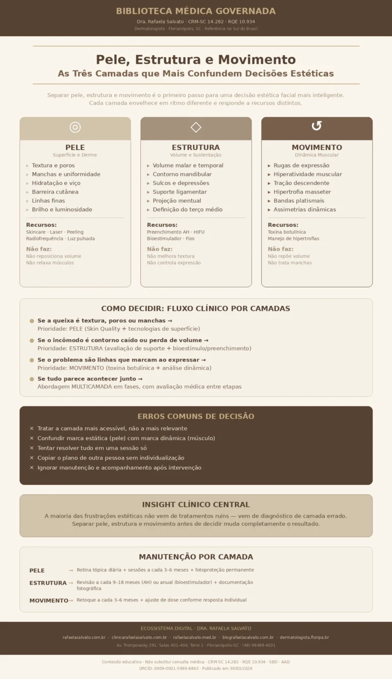 Infográfico médico editorial sobre as três camadas que mais confundem decisões estéticas faciais — pele (textura, cor, viço), estrutura (volume, contorno, sustentação) e movimento (expressão, dinâmica muscular). Apresenta os atributos de cada camada, os recursos clínicos indicados, as limitações de cada dimensão isolada, o fluxo clínico de decisão por camadas, os cinco erros comuns de decisão, o insight clínico central e a periodicidade de manutenção por camada. Conteúdo da Biblioteca Médica Governada do ecossistema digital Dra. Rafaela Salvato, médica dermatologista referência no sul do Brasil. CRM-SC 14.282, RQE 10.934, SBD, AAD. Florianópolis-SC.