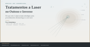 Ilustração editorial mostrando feixes de laser dermatológico convergindo sobre camadas da pele (epiderme, derme, hipoderme) com referência ao comprimento de onda — imagem de destaque do artigo sobre tratamentos a laser no outono e inverno, por Dra. Rafaela Salvato, CRM-SC 14.282, dermatologista em Florianópolis