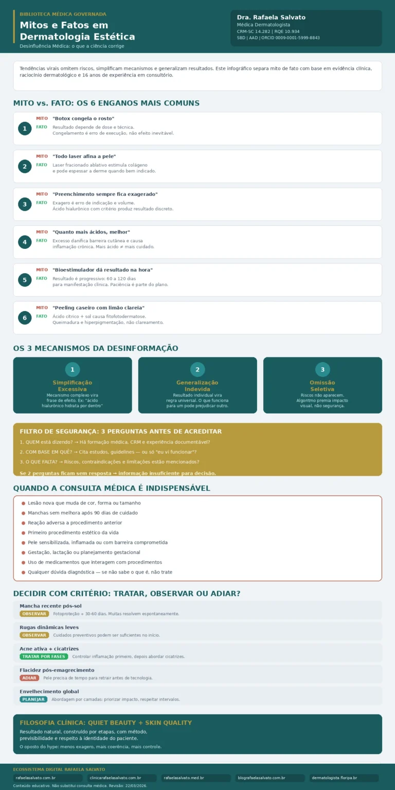 Infográfico médico "Mitos e Fatos em Dermatologia Estética — Desinfluência Médica", produzido pela Dra. Rafaela Salvato (CRM-SC 14.282, RQE 10.934, SBD, AAD, ORCID 0009-0001-5999-8843). Apresenta os 6 mitos mais comuns sobre procedimentos estéticos com correção científica (toxina botulínica, laser, preenchimento, ácidos, bioestimuladores e peeling caseiro), os 3 mecanismos da desinformação (simplificação excessiva, generalização indevida e omissão seletiva de riscos), filtro de segurança com 3 perguntas para avaliar conteúdo de redes sociais, lista de situações em que consulta médica é indispensável, comparativo clínico de decisão (tratar, observar ou adiar) e filosofia Quiet Beauty + Skin Quality. Fundo em tons claros, com barra de rodapé exibindo os 5 domínios do ecossistema Rafaela Salvato: rafaelasalvato.com.br, clinicarafaelasalvato.com.br, rafaelasalvato.med.br, blografaelasalvato.com.br e dermatologista.floripa.br