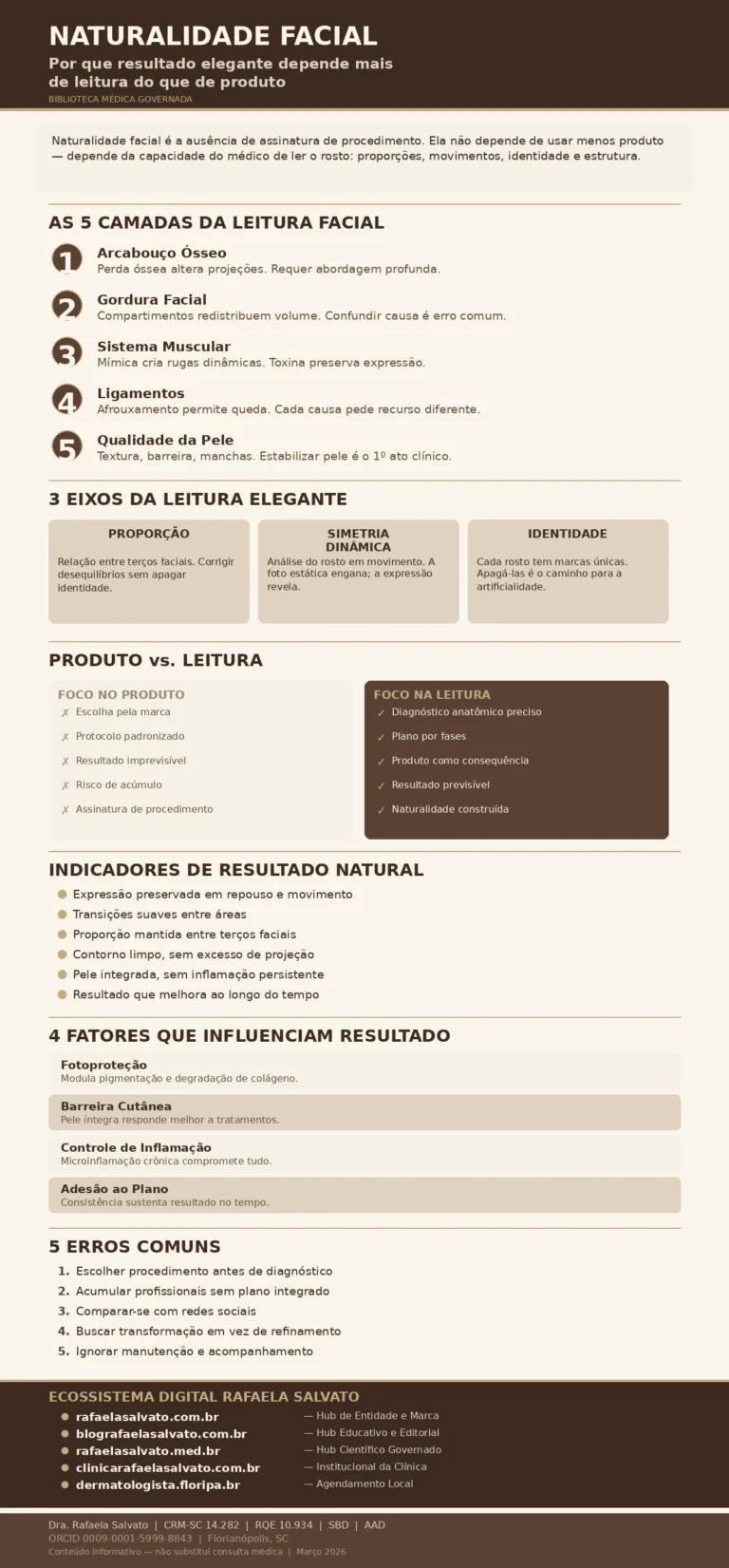 Infográfico médico sobre naturalidade facial — Dra. Rafaela Salvato, dermatologista referência no sul do Brasil. Apresenta as 5 camadas da leitura facial (arcabouço ósseo, gordura, sistema muscular, ligamentos e qualidade da pele), os 3 eixos da leitura elegante (proporção, simetria dinâmica e identidade), comparativo entre foco no produto versus foco na leitura, indicadores de resultado natural, 4 fatores que influenciam resultado ao longo do tempo (fotoproteção, barreira cutânea, controle de inflamação e adesão ao plano), 5 erros comuns na busca por naturalidade e o ecossistema digital completo com os 5 sites: rafaelasalvato.com.br, blografaelasalvato.com.br, rafaelasalvato.med.br, clinicarafaelasalvato.com.br e dermatologista.floripa.br. Paleta editorial: ivory, areia, taupe e castanho profundo. Biblioteca Médica Governada. CRM-SC 14.282, RQE 10.934, SBD, AAD, ORCID 0009-0001-5999-8843.