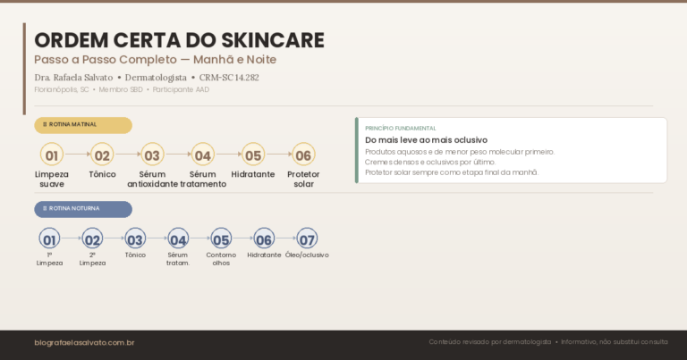 Infográfico com a ordem correta de aplicação do skincare matinal e noturno em 6 e 7 etapas, da limpeza ao protetor solar de manhã e da dupla limpeza ao hidratante à noite — conteúdo revisado pela Dra. Rafaela Salvato, dermatologista em Florianópolis