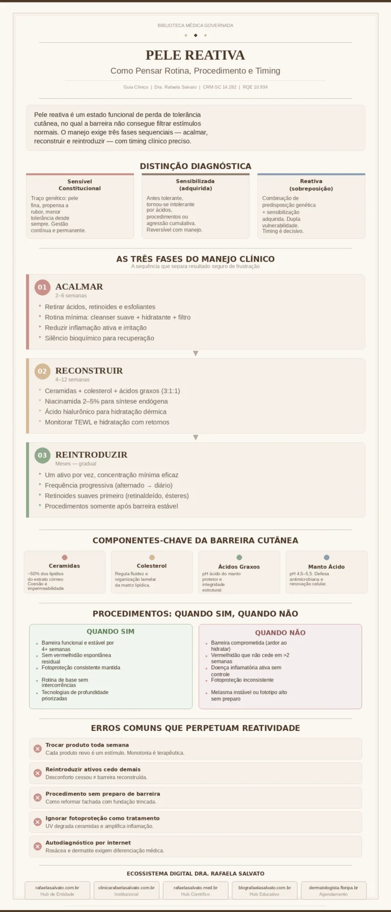 Infográfico clínico "Pele Reativa: Como Pensar Rotina, Procedimento e Timing", produzido pela Dra. Rafaela Salvato — médica dermatologista referência no sul do Brasil (CRM-SC 14.282, RQE 10.934, SBD, AAD). Apresenta a distinção diagnóstica entre pele sensível constitucional, sensibilizada e reativa; as três fases sequenciais do manejo clínico (Fase 1 — Acalmar, 2–6 semanas; Fase 2 — Reconstruir barreira com ceramidas, niacinamida e ácido hialurônico, 4–12 semanas; Fase 3 — Reintroduzir ativos com gradualidade monitorada); os componentes-chave da barreira cutânea (ceramidas, colesterol, ácidos graxos livres, manto ácido); critérios decisórios para procedimentos estéticos em pele reativa (quando sim e quando não); e os cinco erros mais comuns que perpetuam reatividade. Rodapé com os cinco domínios do ecossistema digital: rafaelasalvato.com.br, clinicarafaelasalvato.com.br, rafaelasalvato.med.br, blografaelasalvato.com.br e dermatologista.floripa.br. Paleta editorial em ivory, areia, taupe e castanho profundo. Biblioteca Médica Governada — Clínica Rafaela Salvato Dermatologia, Florianópolis, SC.