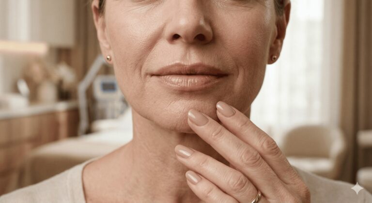 Macro fotografia fotorrealista em close-up extremo da textura natural e hidratada dos lábios de uma mulher madura de 50 anos, sem volume artificial, enfatizando o envelhecimento natural e a filosofia 'quiet beauty', com uma mão elegante com unhas neutras descansando perto do queixo