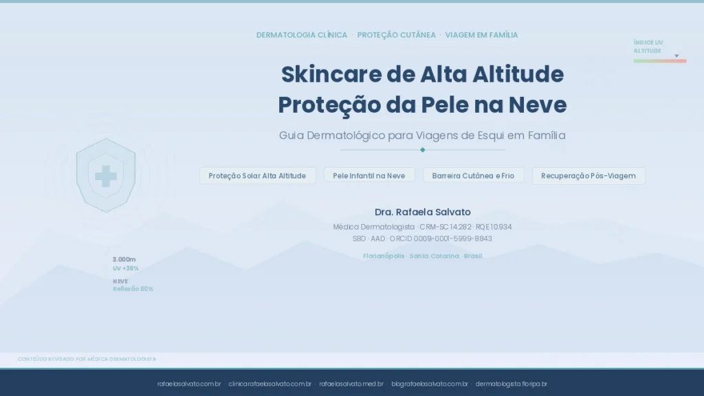 Guia dermatológico de skincare para viagens de esqui e neve com proteção solar em alta altitude, cuidados infantis e recuperação pós-viagem — padrão hexagonal representando barreira cutânea sobre fundo alpino azul-gelo, com credenciais da Dra. Rafaela Salvato, médica dermatologista CRM-SC 14.282, referência em dermatologia no sul do Brasil