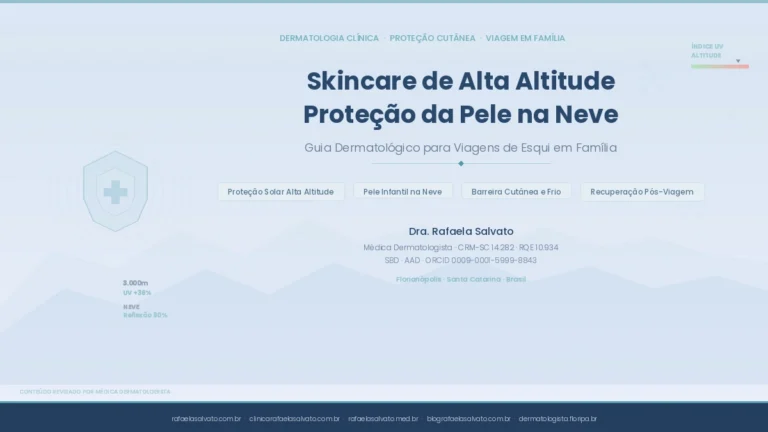 Guia dermatológico de skincare para viagens de esqui e neve com proteção solar em alta altitude, cuidados infantis e recuperação pós-viagem — padrão hexagonal representando barreira cutânea sobre fundo alpino azul-gelo, com credenciais da Dra. Rafaela Salvato, médica dermatologista CRM-SC 14.282, referência em dermatologia no sul do Brasil