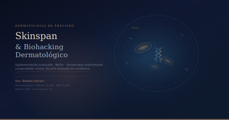 Ilustração científica representando skinspan e biohacking na dermatologia: célula com mitocôndrias, dupla hélice de DNA e molécula de NAD+ em fundo escuro, simbolizando longevidade celular da pele. Conteúdo da Dra. Rafaela Salvato, dermatologista em Florianópolis