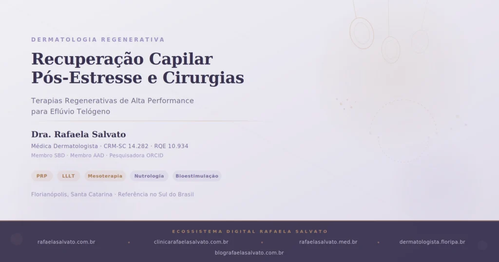 Recuperação capilar pós-estresse com terapias regenerativas para eflúvio telógeno — PRP, LLLT, mesoterapia e bioestimulação folicular — Dra. Rafaela Salvato, médica dermatologista CRM-SC 14.282, referência em dermatologia regenerativa no sul do Brasil, Florianópolis, SC