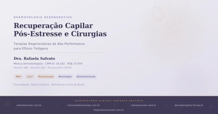 Recuperação capilar pós-estresse com terapias regenerativas para eflúvio telógeno — PRP, LLLT, mesoterapia e bioestimulação folicular — Dra. Rafaela Salvato, médica dermatologista CRM-SC 14.282, referência em dermatologia regenerativa no sul do Brasil, Florianópolis, SC