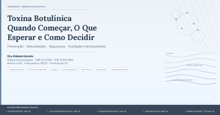 Imagem editorial do guia médico sobre toxina botulínica do Blog Rafaela Salvato, com título 'Toxina Botulínica: Quando Começar, O Que Esperar e Como Decidir', credenciais da Dra. Rafaela Salvato (CRM-SC 14.282, RQE 10.934, membro AAD), tags clínicas de rugas dinâmicas, glabela, pés de galinha, hiperidrose, prevenção e naturalidade facial, ilustração abstrata de camadas dérmicas e os cinco domínios do ecossistema Rafaela Salvato em Florianópolis
