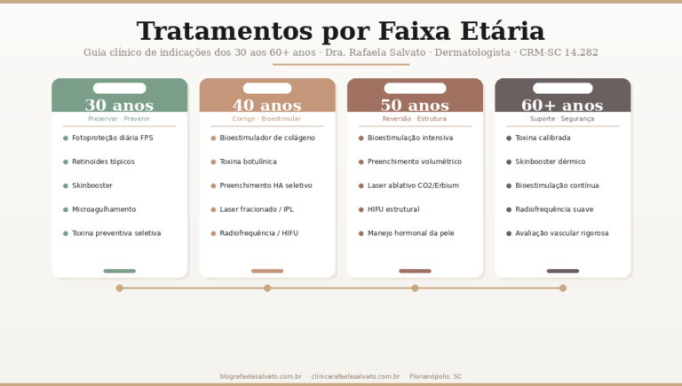 Infográfico clínico com tabela de tratamentos dermatológicos por faixa etária — 30, 40, 50 e 60 anos — elaborado pela Dra. Rafaela Salvato, dermatologista em Florianópolis, SC