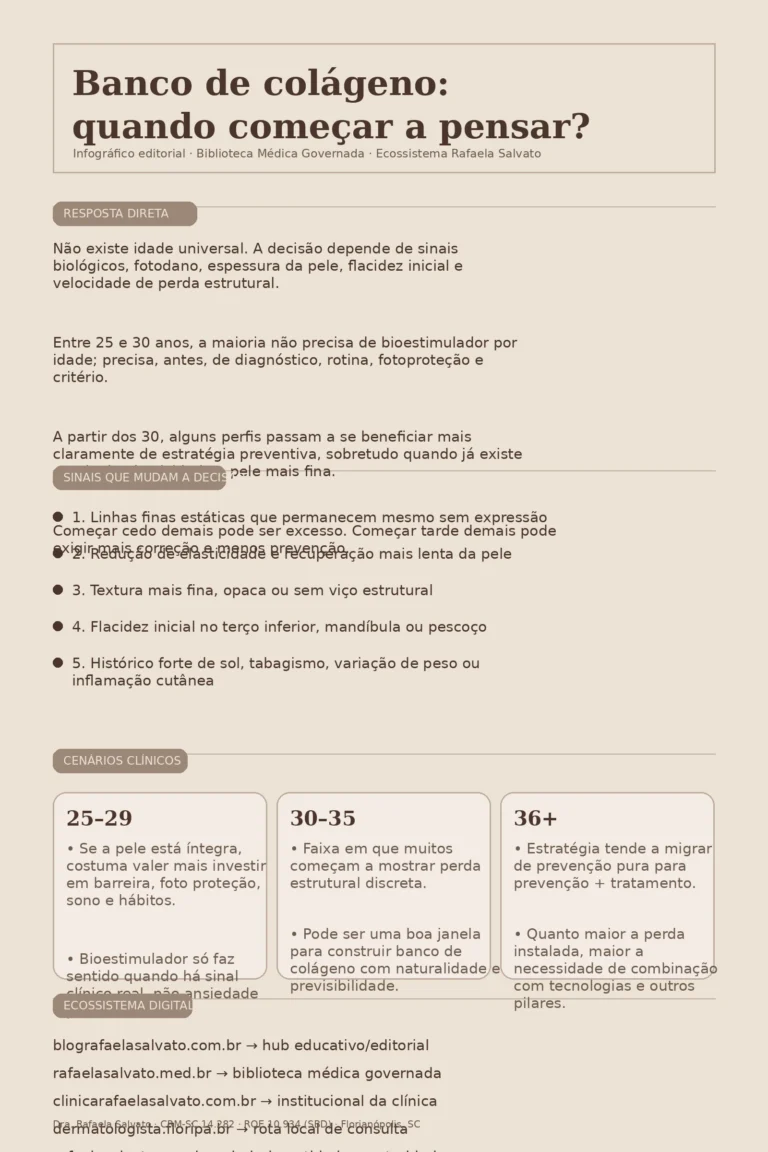 Infográfico editorial em tons areia, taupe e castanho profundo sobre “Com que idade vale começar a pensar em banco de colágeno?”, com resposta direta, sinais clínicos que mudam a decisão, cenários por faixa etária e mapa do ecossistema digital Rafaela Salvato com os cinco sites: blografaelasalvato.com.br, rafaelasalvato.med.br, clinicarafaelasalvato.com.br, dermatologista.floripa.br e rafaelasalvato.com.br