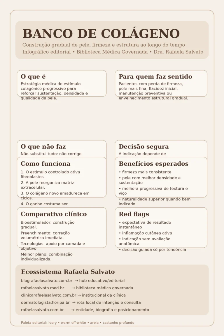 nfográfico editorial premium sobre banco de colágeno, em paleta ivory, warm off-white, areia e castanho profundo, explicando o que é a estratégia, para quem faz sentido, o que não faz, decisão segura, funcionamento por neocolagênese, benefícios esperados, comparativo clínico, red flags e o ecossistema Rafaela Salvato com os cinco domínios: blografaelasalvato.com.br, rafaelasalvato.med.br, clinicarafaelasalvato.com.br, dermatologista.floripa.br e rafaelasalvato.com.br
