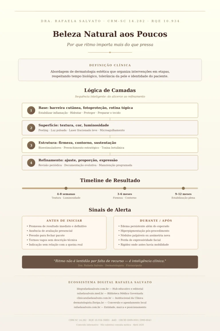 Infográfico editorial sobre beleza natural aos poucos, por Dra. Rafaela Salvato, dermatologista referência no sul do Brasil (CRM-SC 14.282, RQE 10.934). Apresenta a lógica de quatro camadas — base cutânea, superfície, estrutura e refinamento —, timeline de resultado de 4 semanas a 12 meses, sinais de alerta antes e após procedimentos, e os cinco sites do ecossistema digital Rafaela Salvato. Paleta editorial em ivory, areia, taupe e castanho profundo.