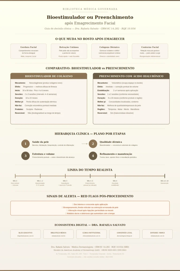 Infográfico clínico sobre bioestimulador de colágeno versus preenchimento com ácido hialurônico após emagrecimento facial, elaborado pela Dra. Rafaela Salvato, médica dermatologista referência no sul do Brasil (CRM-SC 14.282, RQE 10.934). Apresenta comparativo de mecanismo, timing e indicações de cada recurso, hierarquia clínica de tratamento por etapas (saúde da pele, qualidade dérmica, estrutura volumétrica e refinamento), linha do tempo realista de 0 a 18 meses, sinais de alerta pós-procedimento e o ecossistema digital de cinco sites da Dra. Rafaela Salvato. Paleta editorial em ivory, areia, taupe e castanho profundo.
