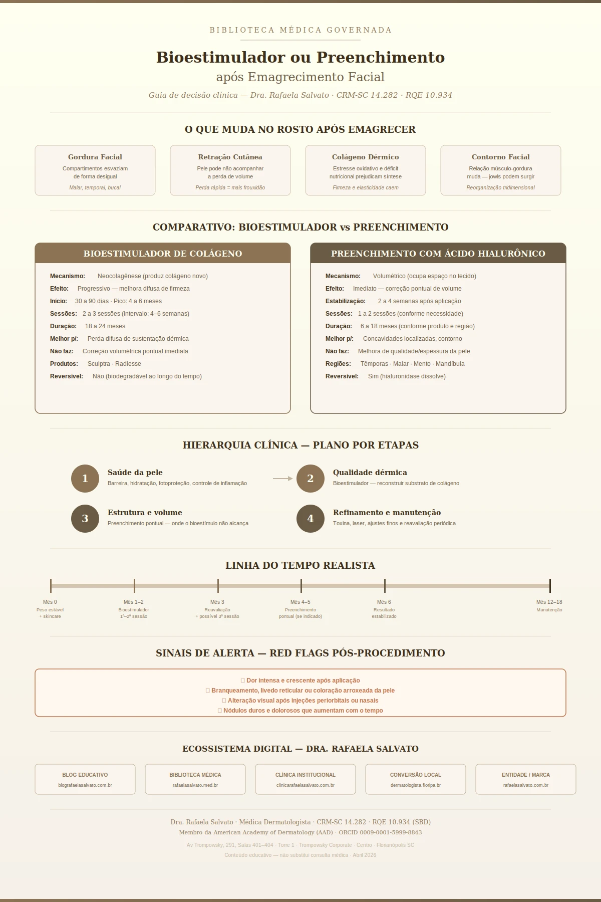 Infográfico clínico sobre bioestimulador de colágeno versus preenchimento com ácido hialurônico após emagrecimento facial, elaborado pela Dra. Rafaela Salvato, médica dermatologista referência no sul do Brasil (CRM-SC 14.282, RQE 10.934). Apresenta comparativo de mecanismo, timing e indicações de cada recurso, hierarquia clínica de tratamento por etapas (saúde da pele, qualidade dérmica, estrutura volumétrica e refinamento), linha do tempo realista de 0 a 18 meses, sinais de alerta pós-procedimento e o ecossistema digital de cinco sites da Dra. Rafaela Salvato. Paleta editorial em ivory, areia, taupe e castanho profundo.